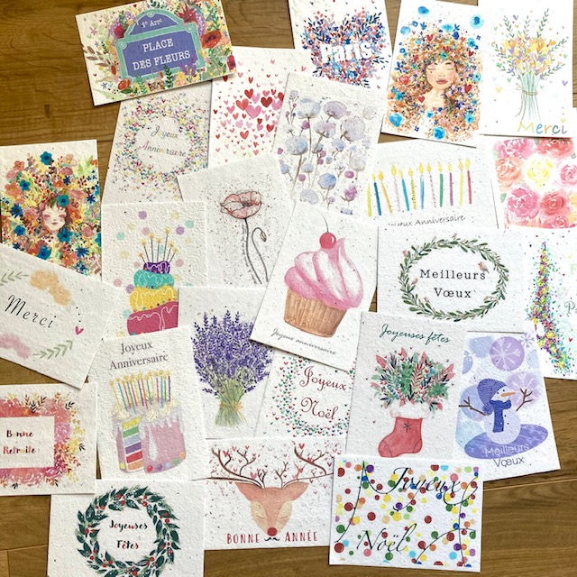Illunine créations sur-mesure carte à planter création française mini papeterie eco responsable fleurie zéro déchet baptême décoration de table confettis mariage zéro déchet remerciments merci personnalisée illustrée aquarelle Seine et Marne carte de visite papier ensemencé carte ensemencée carte à semer carte qui se transforme en fleurs aquarelle sur mesure carte poétique papier recyclé deuil cadeau d’invité faire part notice île de France illustration sur mesure carte symbolique